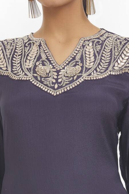 Samyukta Singhania_Grey Chiffon Embroidery, Gota Patti, Zari Split V-neck Dress_at_Aza_Fashions