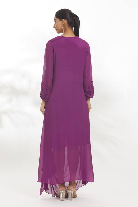 Shop Samyukta Singhania Purple Chiffon Embroidery Split V-neck Dress at Aza Fashions Shop_Samyukta Singhania_Purple Chiffon Embroidery Split V-neck Dress_at_Aza_Fashions