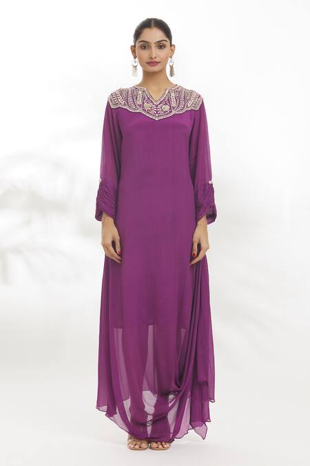 Samyukta Singhania Purple Chiffon Embroidery Split V-neck Dress Online at Aza Fashions Samyukta Singhania_Purple Chiffon Embroidery Split V-neck Dress_Online_at_Aza_Fashions