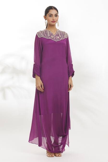 Buy Samyukta Singhania Purple Chiffon Embroidery Split V-neck Dress Online at Aza Fashions Buy_Samyukta Singhania_Purple Chiffon Embroidery Split V-neck Dress_Online_at_Aza_Fashions