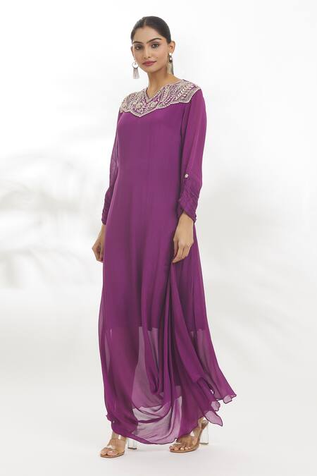 Shop Samyukta Singhania Purple Chiffon Embroidery Split V-neck Dress Online at Aza Fashions Shop_Samyukta Singhania_Purple Chiffon Embroidery Split V-neck Dress_Online_at_Aza_Fashions
