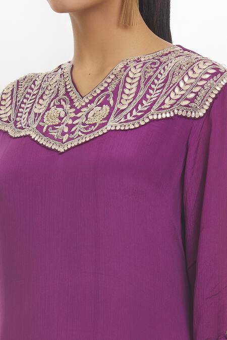 Samyukta Singhania Purple Chiffon Embroidery Split V-neck Dress at Aza Fashions Samyukta Singhania_Purple Chiffon Embroidery Split V-neck Dress_at_Aza_Fashions