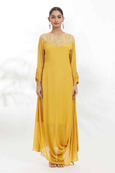 Samyukta Singhania_Yellow Chiffon Embroidery, Gota Patti, Zari Split V-neck Zardosi Dress_Online_at_Aza_Fashions