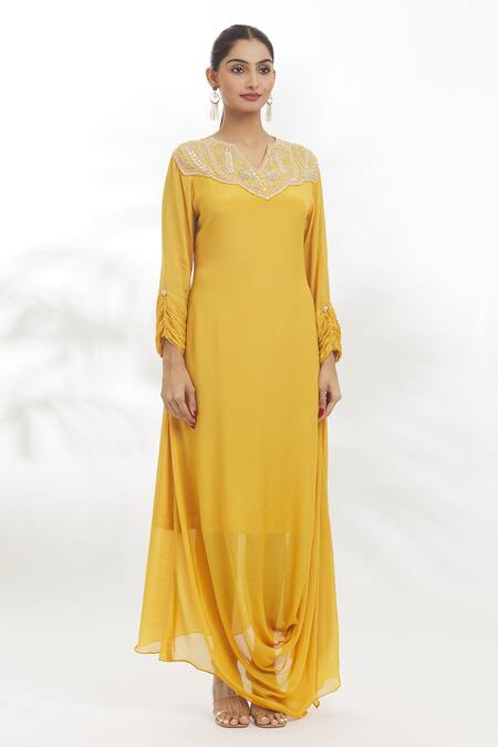 Buy_Samyukta Singhania_Yellow Chiffon Embroidery, Gota Patti, Zari Split V-neck Zardosi Dress_Online_at_Aza_Fashions