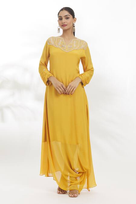 Shop_Samyukta Singhania_Yellow Chiffon Embroidery, Gota Patti, Zari Split V-neck Zardosi Dress_Online_at_Aza_Fashions