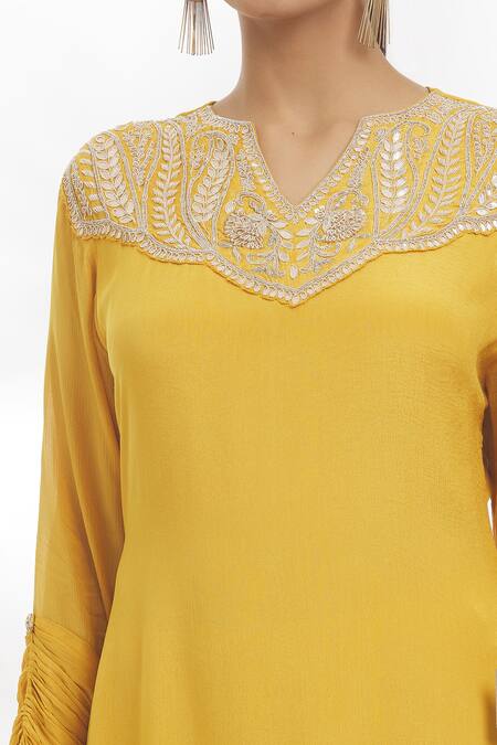 Samyukta Singhania_Yellow Chiffon Embroidery, Gota Patti, Zari Split V-neck Zardosi Dress_at_Aza_Fashions
