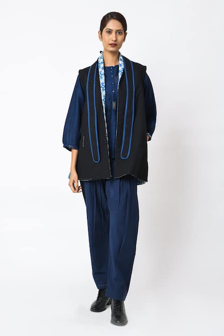 JAYATI GOENKA_Black Cotton Embroidery Shawl Neck Noir Quilted Jacket With Belt _Online_at_Aza_Fashions