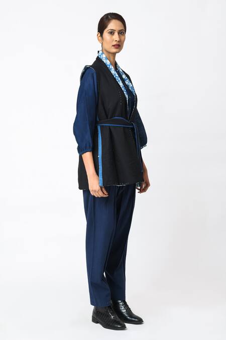 Shop_JAYATI GOENKA_Black Cotton Embroidery Shawl Neck Noir Quilted Jacket With Belt _Online_at_Aza_Fashions