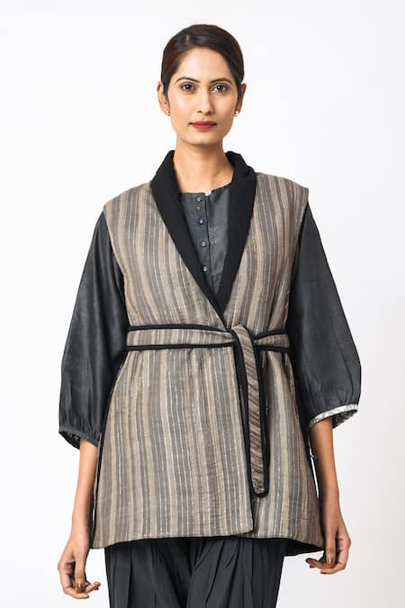 Shop_JAYATI GOENKA_Grey Cotton Embroidery Shawl Neck Chairo Jacket With Belt _Online_at_Aza_Fashions