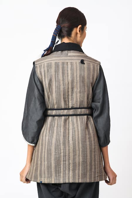 JAYATI GOENKA_Grey Cotton Embroidery Shawl Neck Chairo Jacket With Belt _at_Aza_Fashions