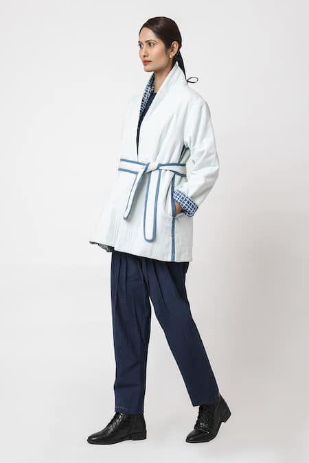 JAYATI GOENKA Blue Cotton Embroidery Shawl Neck Sky Quilted Jacket With Belt Online at Aza Fashions JAYATI GOENKA_Blue Cotton Embroidery Shawl Neck Sky Quilted Jacket With Belt _Online_at_Aza_Fashions