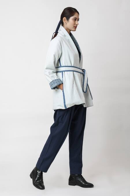Buy JAYATI GOENKA Blue Cotton Embroidery Shawl Neck Sky Quilted Jacket With Belt Online at Aza Fashions Buy_JAYATI GOENKA_Blue Cotton Embroidery Shawl Neck Sky Quilted Jacket With Belt _Online_at_Aza_Fashions