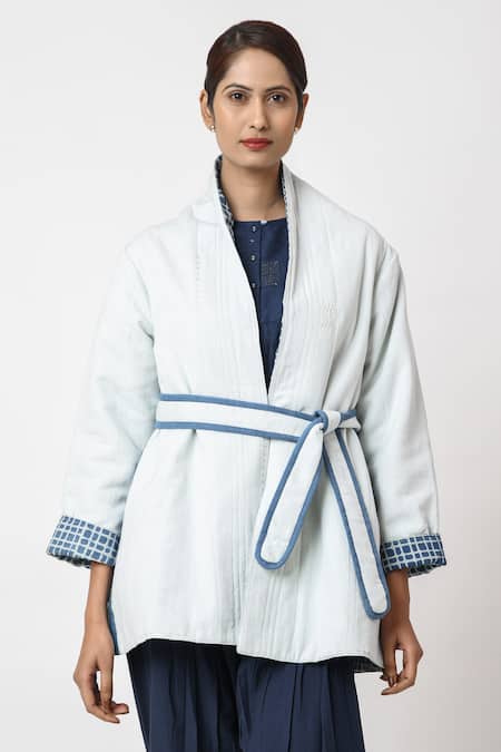 Shop JAYATI GOENKA Blue Cotton Embroidery Shawl Neck Sky Quilted Jacket With Belt Online at Aza Fashions Shop_JAYATI GOENKA_Blue Cotton Embroidery Shawl Neck Sky Quilted Jacket With Belt _Online_at_Aza_Fashions