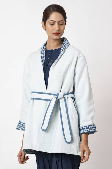 JAYATI GOENKA Blue Cotton Embroidery Shawl Neck Sky Quilted Jacket With Belt at Aza Fashions JAYATI GOENKA_Blue Cotton Embroidery Shawl Neck Sky Quilted Jacket With Belt _at_Aza_Fashions