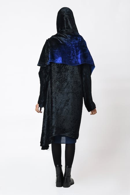 JAYATI GOENKA_Black Rayon, Velvet Open Neck Royal Wrap Around Jacket _at_Aza_Fashions