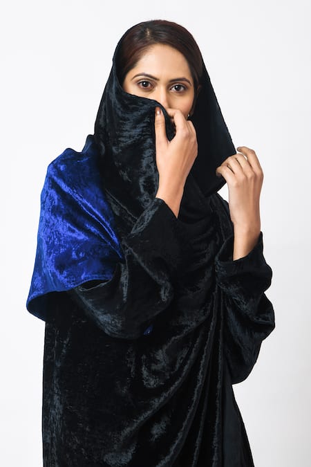 Buy_JAYATI GOENKA_Black Rayon, Velvet Open Neck Royal Wrap Around Jacket 