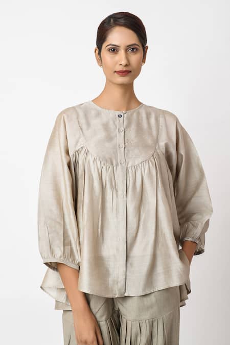 JAYATI GOENKA_Beige Chanderi Silk Embroidery Round Neck Top _Online_at_Aza_Fashions