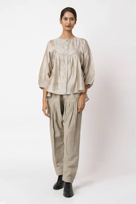 Buy_JAYATI GOENKA_Beige Chanderi Silk Embroidery Round Neck Top _Online_at_Aza_Fashions