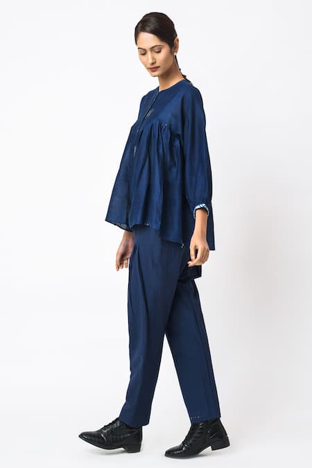 JAYATI GOENKA_Blue Chanderi Silk Embroidery Round Neck Three Quarter Sleeve Top _Online_at_Aza_Fashions