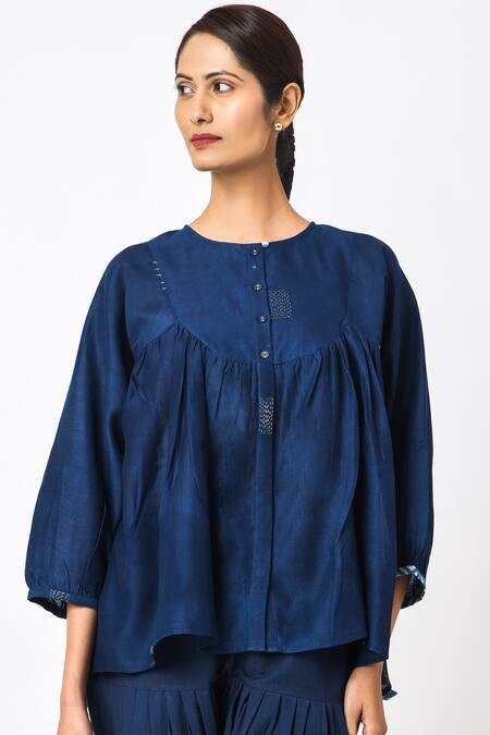 JAYATI GOENKA_Blue Chanderi Silk Embroidery Round Neck Three Quarter Sleeve Top _at_Aza_Fashions