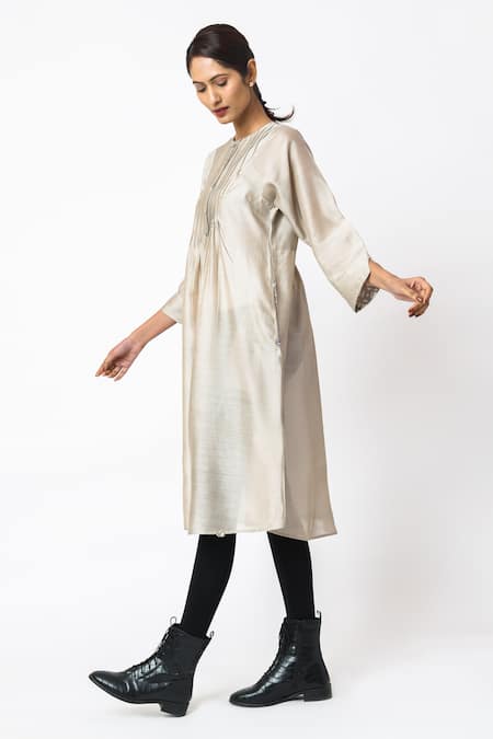 JAYATI GOENKA_Beige Chanderi Silk Embroidery Round Neck Latte Tunic _Online_at_Aza_Fashions