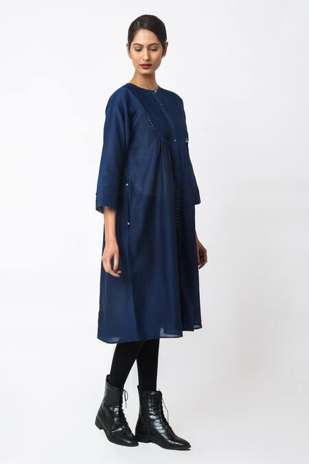 Shop_JAYATI GOENKA_Blue Chanderi Silk Embroidery Round Neck Tunic _Online_at_Aza_Fashions