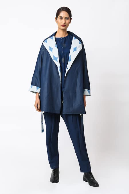 JAYATI GOENKA_Blue Cotton, Denim Collared Reversible Jacket With Belt _Online_at_Aza_Fashions