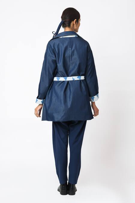 Shop_JAYATI GOENKA_Blue Cotton, Denim Collared Reversible Jacket With Belt _Online_at_Aza_Fashions