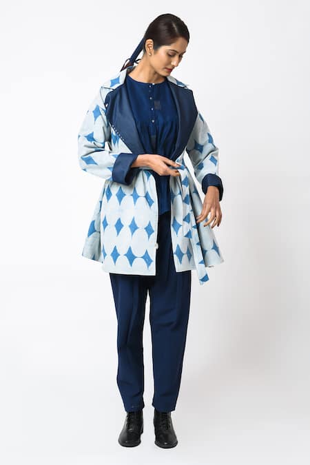 JAYATI GOENKA_Blue Cotton, Denim Collared Reversible Jacket With Belt _at_Aza_Fashions