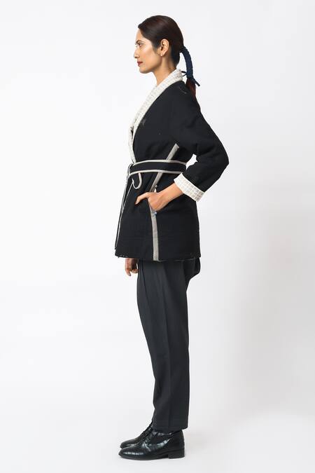 Buy JAYATI GOENKA Black Cotton Embroidery Shawl Neck Kuro Jacket With Belt Online at Aza Fashions Buy_JAYATI GOENKA_Black Cotton Embroidery Shawl Neck Kuro Jacket With Belt _Online_at_Aza_Fashions