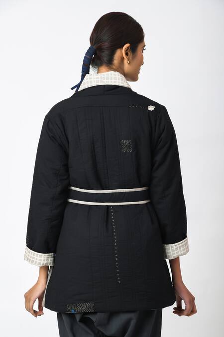 JAYATI GOENKA Black Cotton Embroidery Shawl Neck Kuro Jacket With Belt at Aza Fashions JAYATI GOENKA_Black Cotton Embroidery Shawl Neck Kuro Jacket With Belt _at_Aza_Fashions