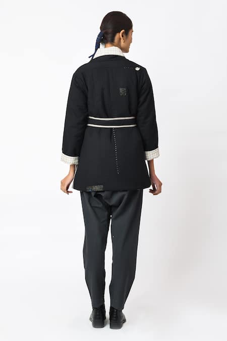 Shop JAYATI GOENKA Black Cotton Embroidery Shawl Neck Kuro Jacket With Belt at Aza Fashions Shop_JAYATI GOENKA_Black Cotton Embroidery Shawl Neck Kuro Jacket With Belt _at_Aza_Fashions