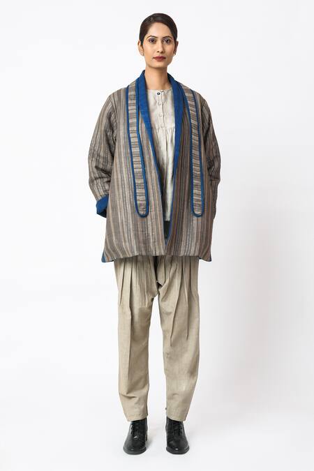 JAYATI GOENKA_Grey Cotton Shawl Neck Espresso Hand Block Print Jacket With Belt _Online_at_Aza_Fashions