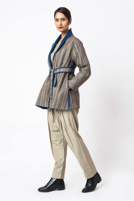 Buy_JAYATI GOENKA_Grey Cotton Shawl Neck Espresso Hand Block Print Jacket With Belt _Online_at_Aza_Fashions