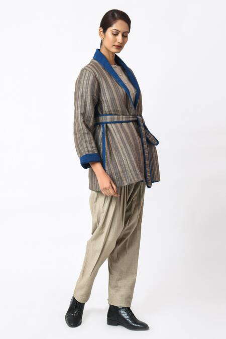 Shop_JAYATI GOENKA_Grey Cotton Shawl Neck Espresso Hand Block Print Jacket With Belt _Online_at_Aza_Fashions