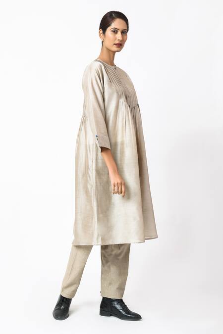 Shop_JAYATI GOENKA_Beige Linen, Chanderi Silk Embroidery Round Neck Latte Tunic With Trouser _Online_at_Aza_Fashions