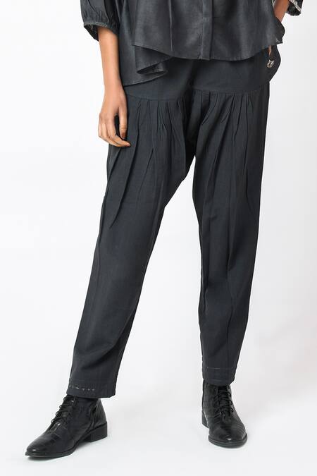 Buy JAYATI GOENKA Black Chanderi Silk Embroidery Round Neck Pleated Top With Trouser Online at Aza Fashions Buy_JAYATI GOENKA_Black Chanderi Silk Embroidery Round Neck Pleated Top With Trouser _Online_at_Aza_Fashions