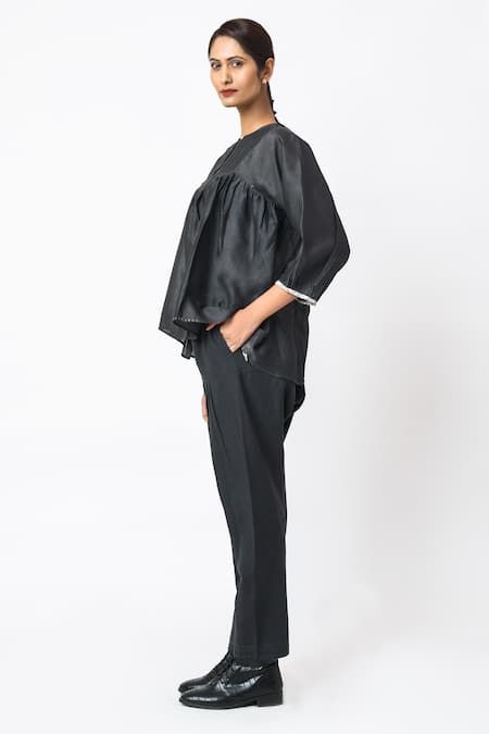Shop JAYATI GOENKA Black Chanderi Silk Embroidery Round Neck Pleated Top With Trouser Online at Aza Fashions Shop_JAYATI GOENKA_Black Chanderi Silk Embroidery Round Neck Pleated Top With Trouser _Online_at_Aza_Fashions