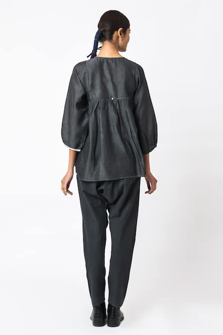 Shop JAYATI GOENKA Black Chanderi Silk Embroidery Round Neck Pleated Top With Trouser at Aza Fashions Shop_JAYATI GOENKA_Black Chanderi Silk Embroidery Round Neck Pleated Top With Trouser _at_Aza_Fashions