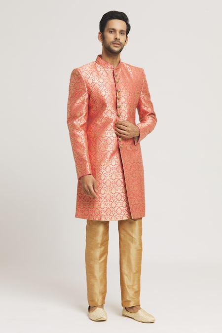 Aryavir Malhotra Gold Sherwani Brocade Woven Floral Pattern Set 