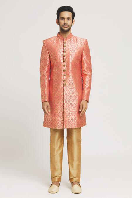 Arihant Rai Sinha_Gold Brocade, Silk Stones Floral Pattern Sherwani Set_Online_at_Aza_Fashions