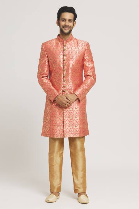 Buy_Arihant Rai Sinha_Gold Brocade, Silk Stones Floral Pattern Sherwani Set_Online_at_Aza_Fashions