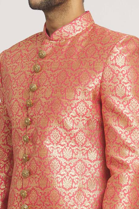 Shop_Arihant Rai Sinha_Gold Brocade, Silk Stones Floral Pattern Sherwani Set_Online_at_Aza_Fashions