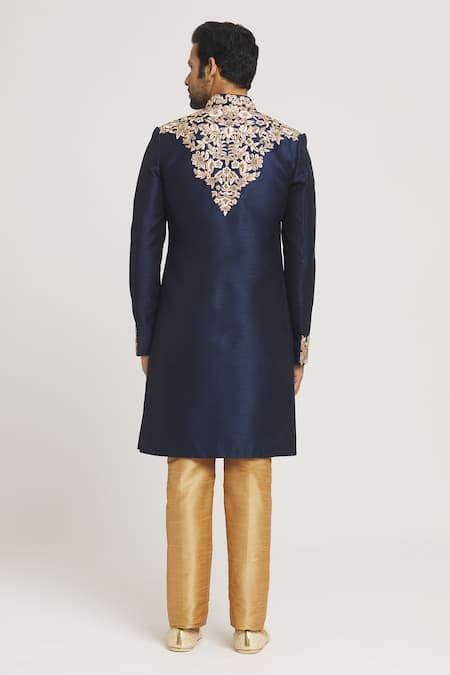 Shop Arihant Rai Sinha Blue Silk Embroidery Floral Hand Sherwani Set at Aza Fashions Shop_Arihant Rai Sinha_Blue Silk Embroidery Floral Hand Sherwani Set _at_Aza_Fashions
