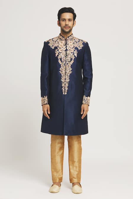 Arihant Rai Sinha Blue Silk Embroidery Floral Hand Sherwani Set Online at Aza Fashions Arihant Rai Sinha_Blue Silk Embroidery Floral Hand Sherwani Set _Online_at_Aza_Fashions