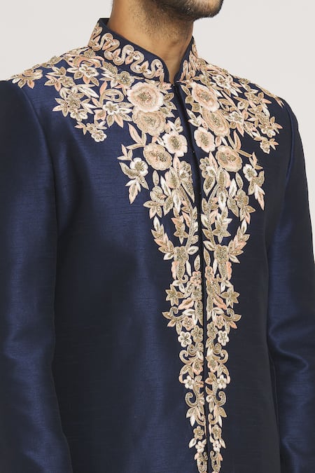 Shop Arihant Rai Sinha Blue Silk Embroidery Floral Hand Sherwani Set Online at Aza Fashions Shop_Arihant Rai Sinha_Blue Silk Embroidery Floral Hand Sherwani Set _Online_at_Aza_Fashions