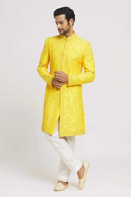 Aryavir Malhotra Yellow Sherwani Silk Embroidered Floral Dori Set 