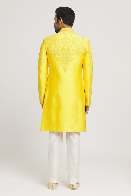 Shop Arihant Rai Sinha Yellow Silk, Acrylic Sequins Floral Dori Embroidered Sherwani Set at Aza Fashions Shop_Arihant Rai Sinha_Yellow Silk, Acrylic Sequins Floral Dori Embroidered Sherwani Set _at_Aza_Fashions
