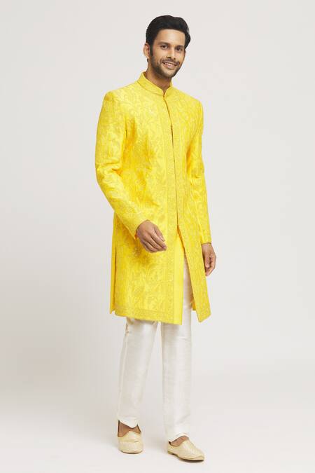 Arihant Rai Sinha Yellow Silk, Acrylic Sequins Floral Dori Embroidered Sherwani Set Online at Aza Fashions Arihant Rai Sinha_Yellow Silk, Acrylic Sequins Floral Dori Embroidered Sherwani Set _Online_at_Aza_Fashions