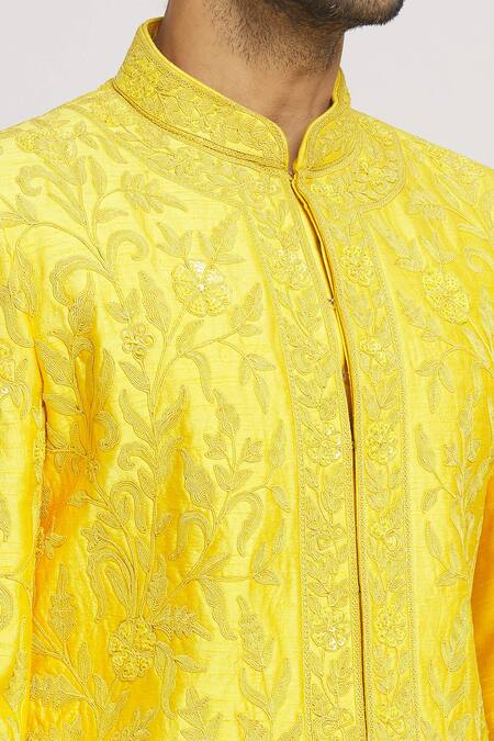 Buy Arihant Rai Sinha Yellow Silk, Acrylic Sequins Floral Dori Embroidered Sherwani Set Online at Aza Fashions Buy_Arihant Rai Sinha_Yellow Silk, Acrylic Sequins Floral Dori Embroidered Sherwani Set _Online_at_Aza_Fashions